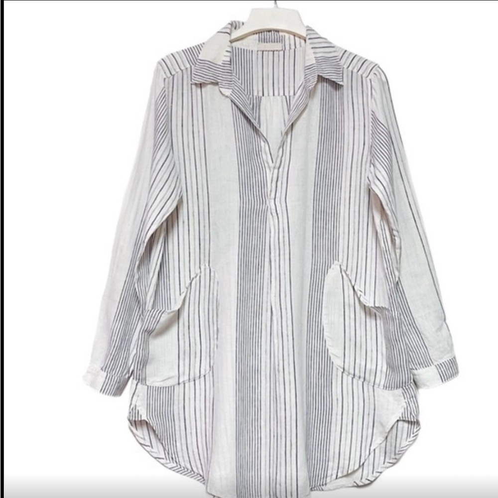 CP Shades Striped Long Sleeve Linen Shirt Dress